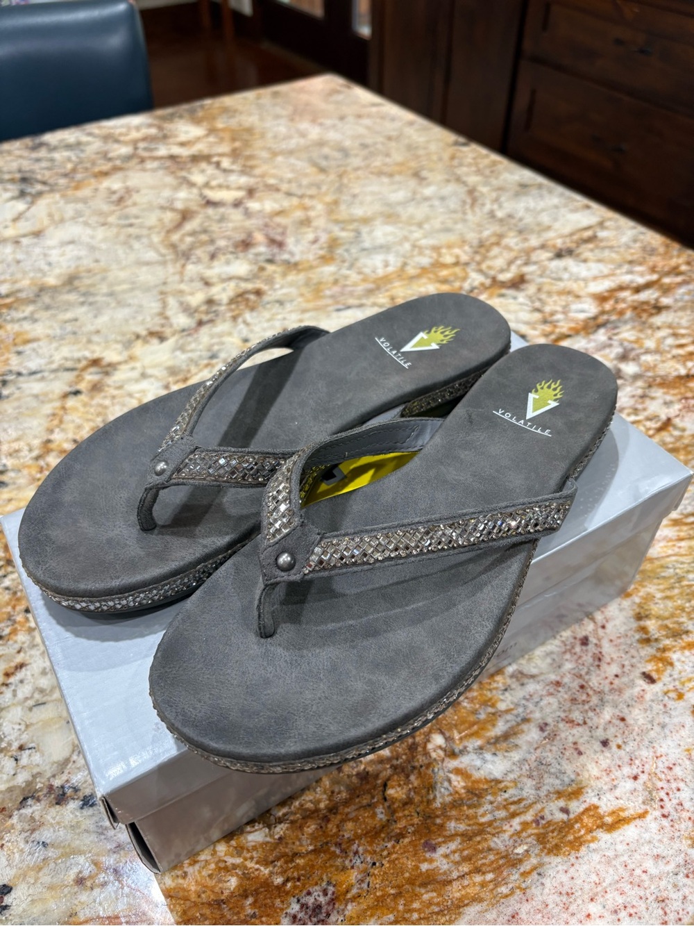 Volatile Gray Jeweled Thong Sandals